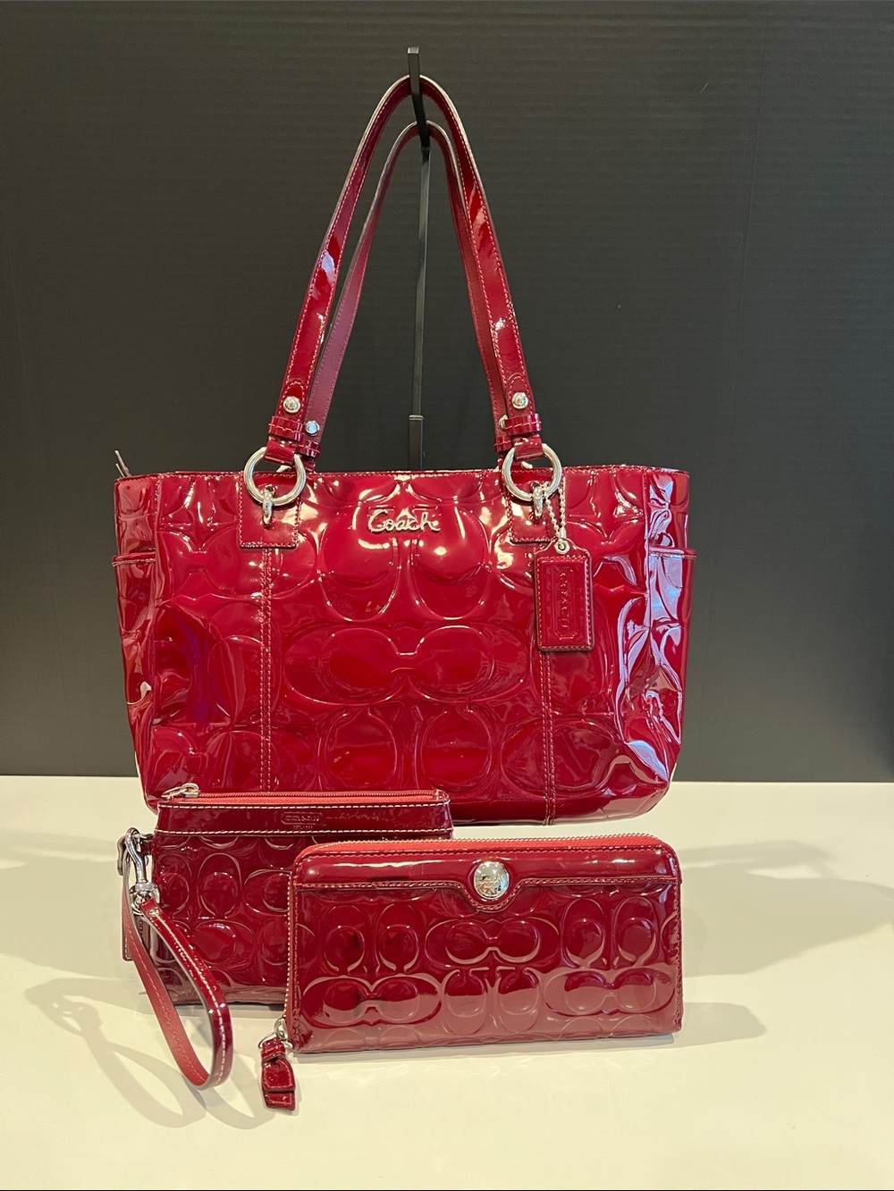 Coach Red Patent Leather Tote with Matching Wallet & Wristlet